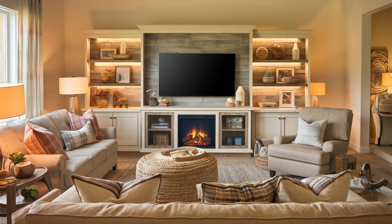 Cozy living room with modern fireplace TV stand, warm-toned furniture, and soft lighting.