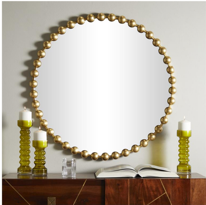 GOLD METAL WALL MIRROR WITH BEADED DETAILING,