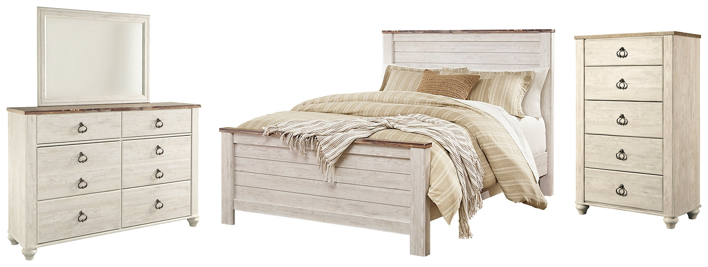 Willowton Queen Panel Bed with Mirrored Dresser and Chest