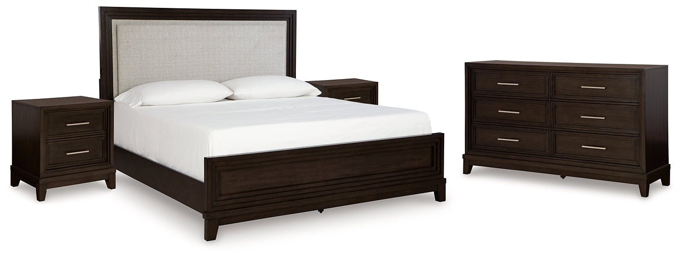 Neymorton King Upholstered Panel Bed with Dresser and 2 Nightstands