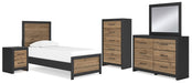 black and wood design headboard, dresser with 5 drawers, 2 drawer nightstand, mirror with chest