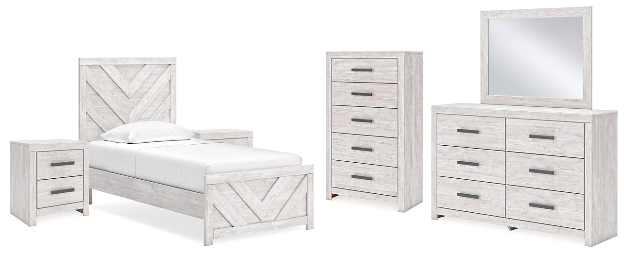 Cayboni Twin Panel Bed with Mirrored Dresser, Chest and 2 Nightstands