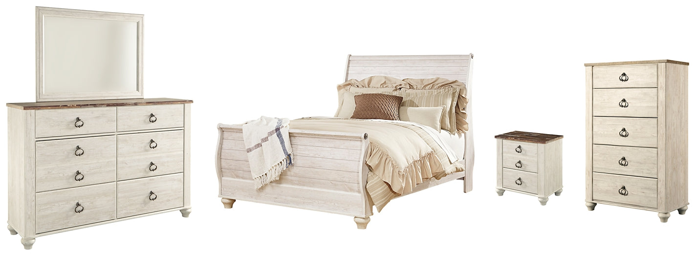 Willowton Sleigh Bed With Mirrored Dresser, Chest And Nightstand