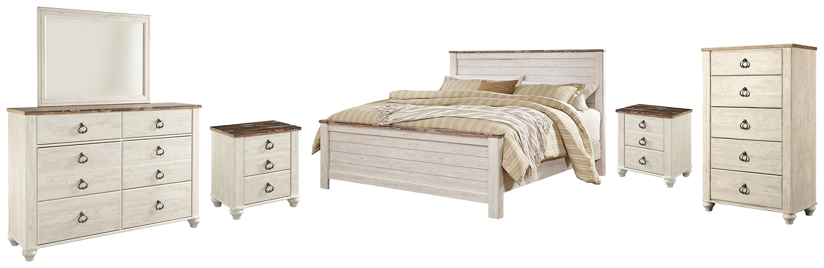 Willowton Panel Bed With Mirrored Dresser, Chest And 2 Nightstands