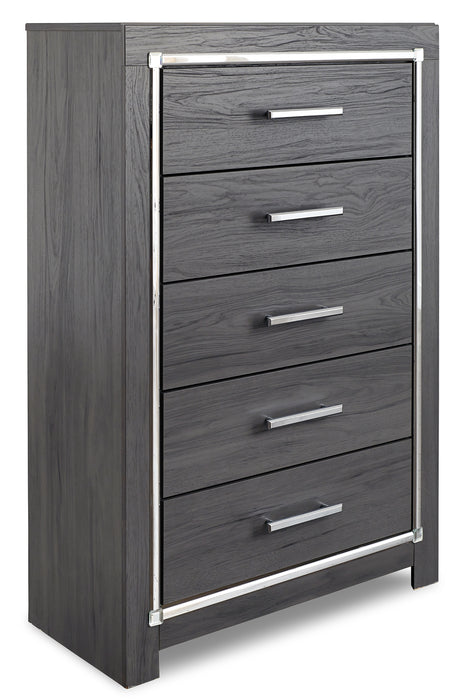 Lodanna King Panel Bed with 2 Storage Drawers with Mirrored Dresser, Chest and Nightstand