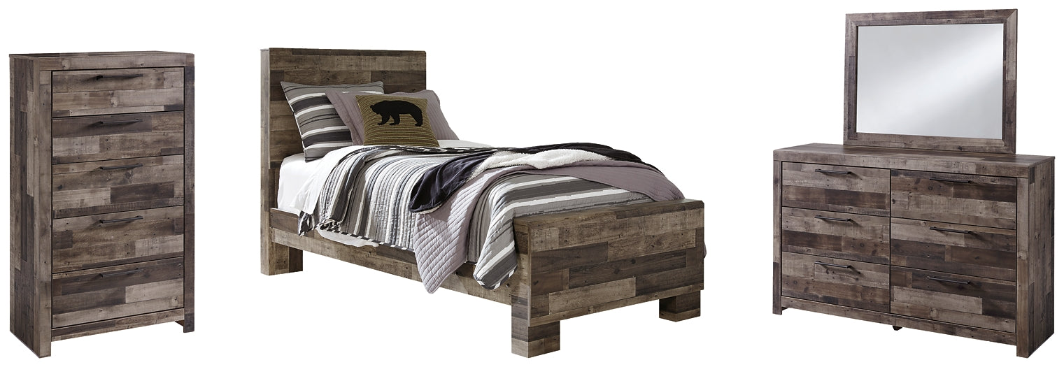 Twin Bed with mirrored dresser and chest, wood paneling design, black hardware on dresser and chest