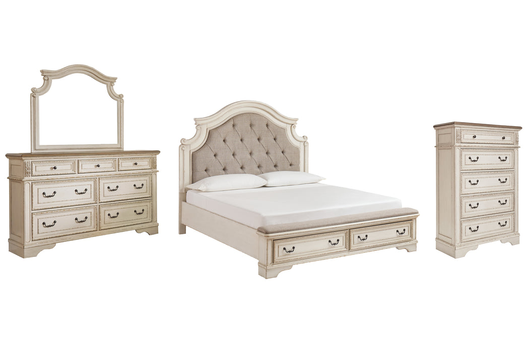 Realyn California King Upholstered Bed with Mirrored Dresser and Chest