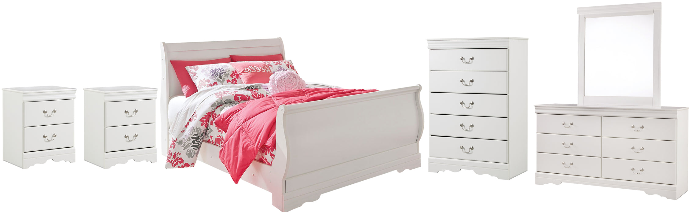 Anarasia Full Sleigh Bed with Mirrored Dresser, Chest and 2 Nightstands