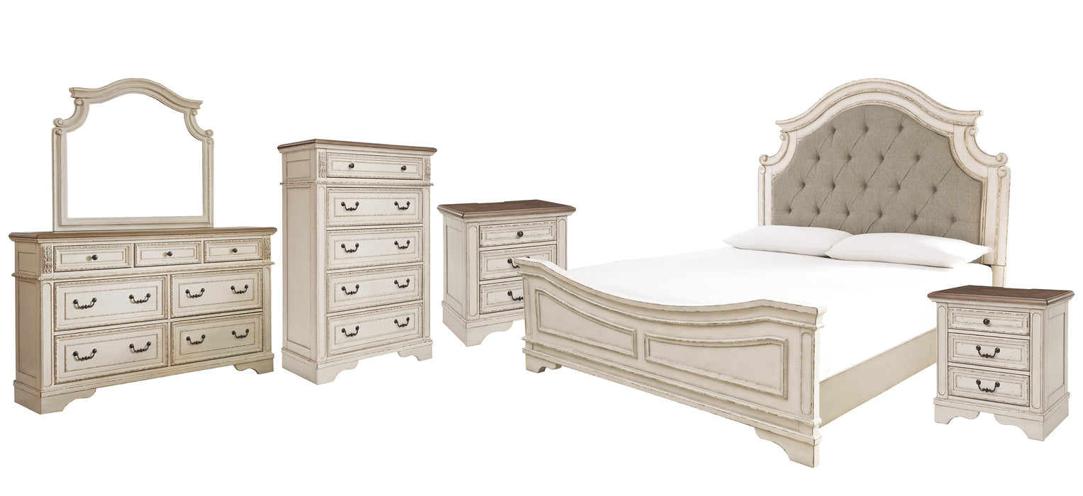 Realyn Upholstered Panel Bed with Mirrored Dresser, Chest and 2 Nightstands