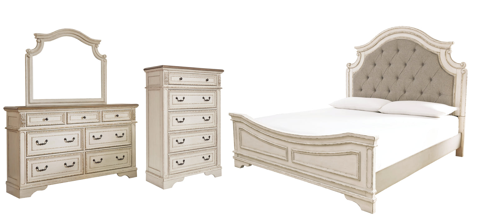 Realyn Upholstered Panel Bed with Mirrored Dresser and Chest 