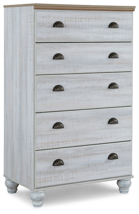 Haven Bay King Panel Storage Bed with Mirrored Dresser and Chest