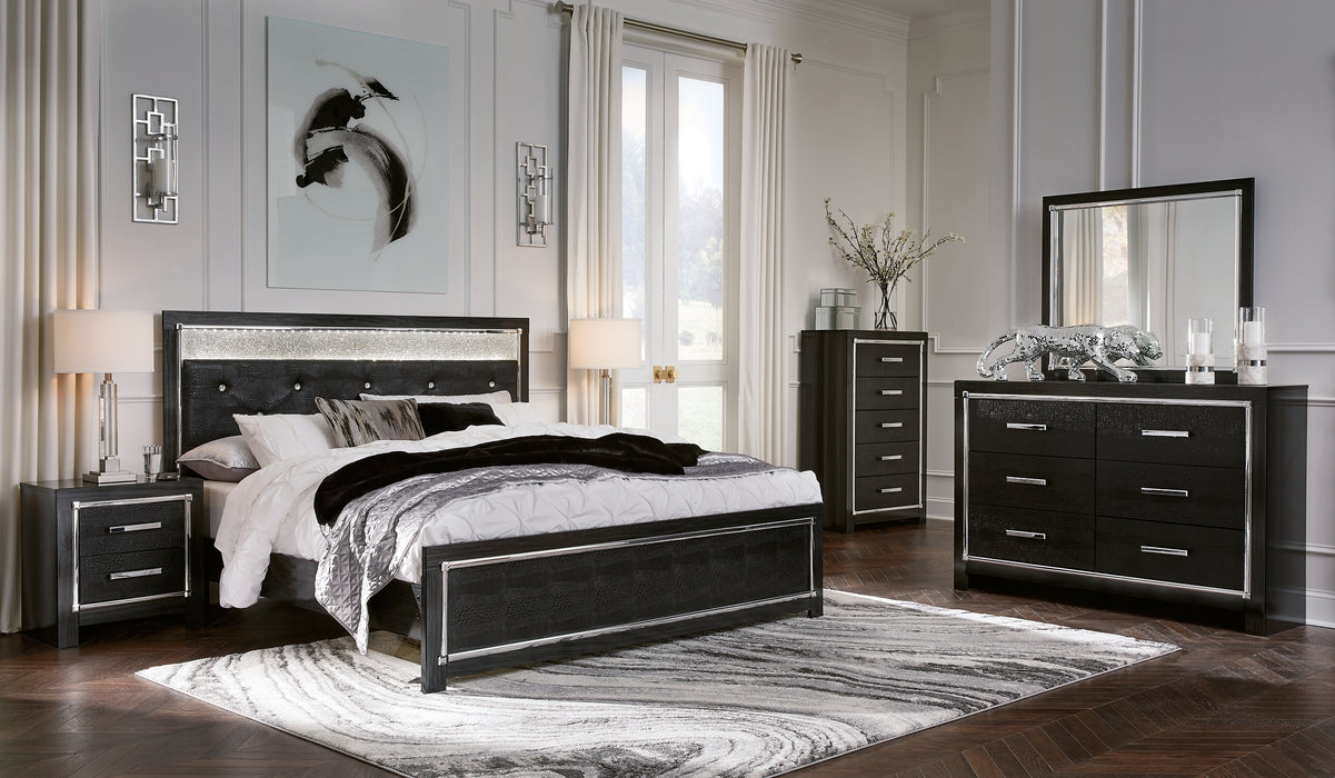 Kaydell King Upholstered Panel Platform Bed with Mirrored Dresser, Chest and 2 Nightstands