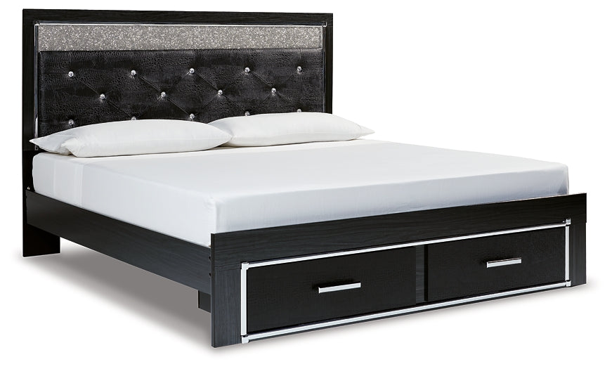 Kaydell King Upholstered Panel Storage Bed with Mirrored Dresser, Chest and 2 Nightstands