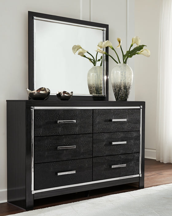 Kaydell King Upholstered Panel Headboard with Mirrored Dresser and 2 Nightstands