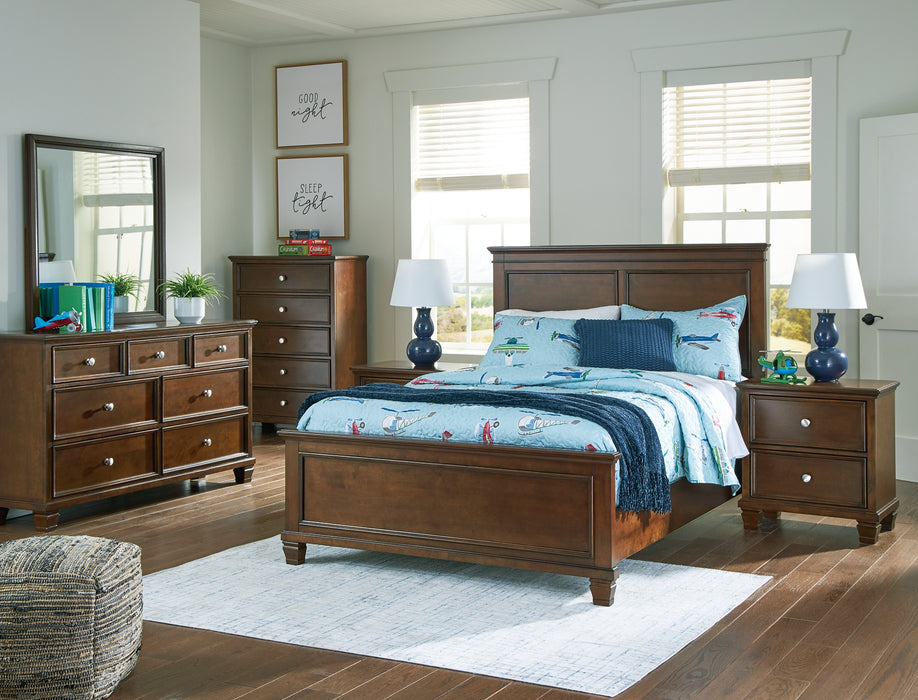 Danabrin Full Panel Bed with Mirrored Dresser and Chest