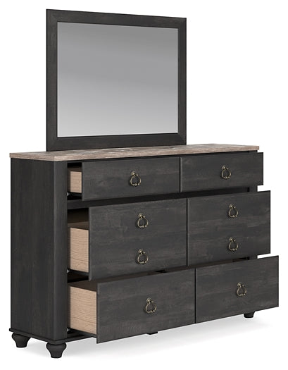 Nanforth Queen Panel Headboard with Mirrored Dresser and 2 Nightstands