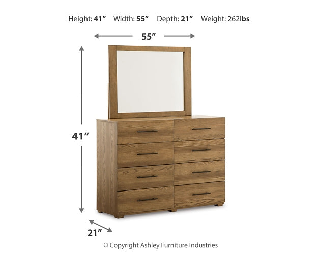 Dakmore Queen Upholstered Bed with Mirrored Dresser